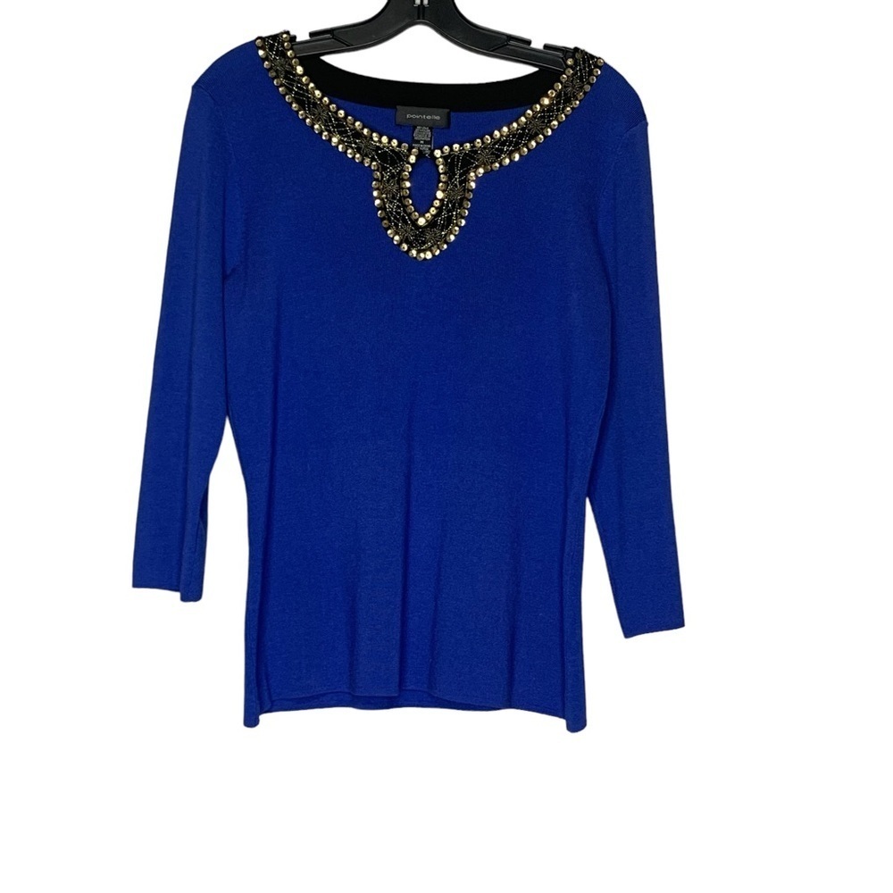 Pointelle royal‎ blue embellished sequins silk blend long sleeve top. Size M